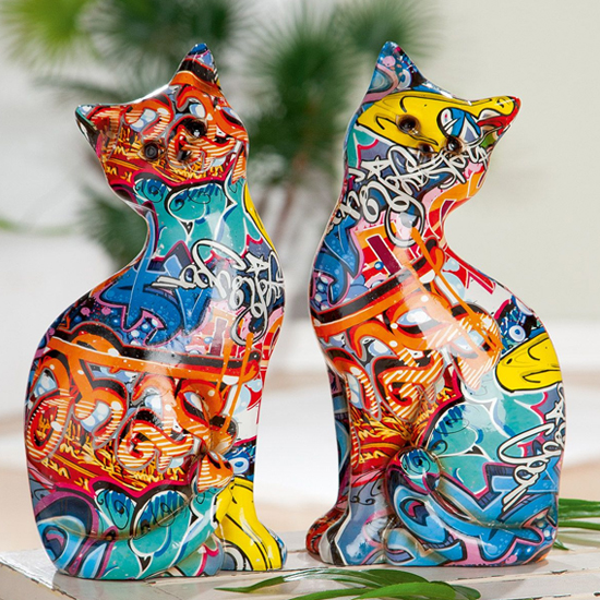 Photo of Cat sitting pop art poly set of 2 design sculpture in multicolor