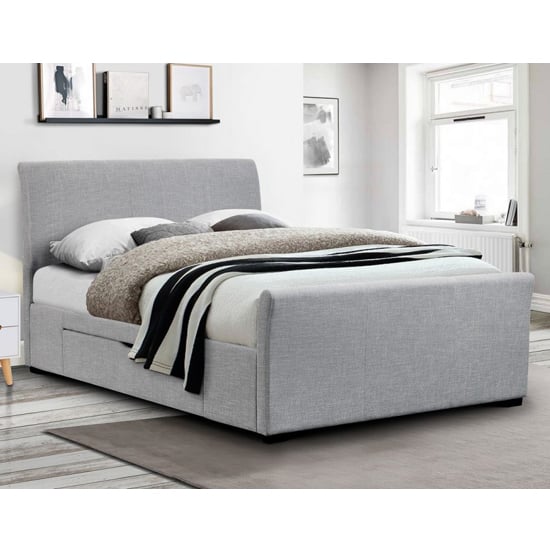Read more about Cactus linen fabric double bed in light grey with 2 drawers