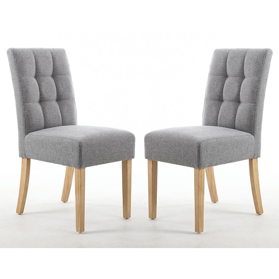 Read more about Mendoza silver grey fabric dining chairs with oak legs in pair