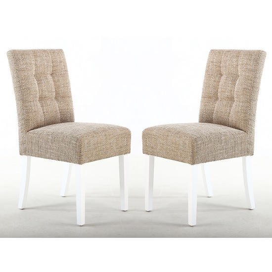 Photo of Mendoza dining chair in tweed oatmeal with white legs in a pair