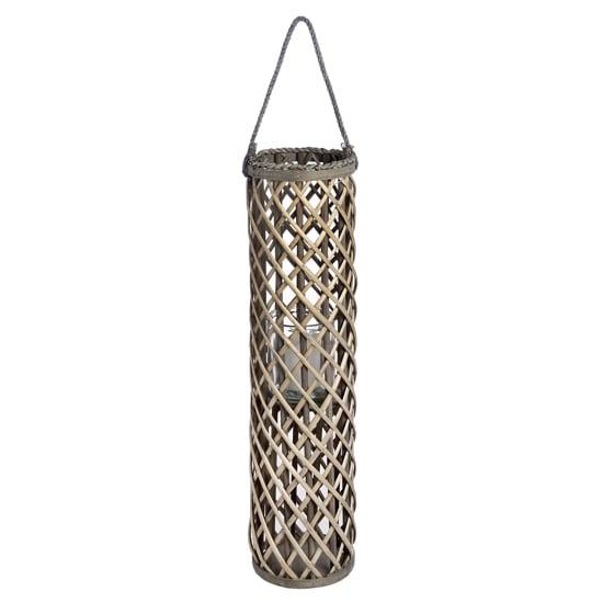 Product photograph of Cave Large Wicker Lantern In Brown With Glass Hurricane from Furniture in Fashion