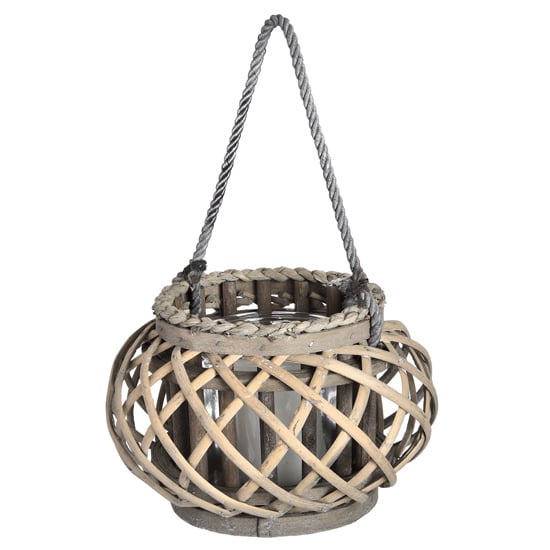 Read more about Cave small wicker basket lantern in brown with glass hurricane