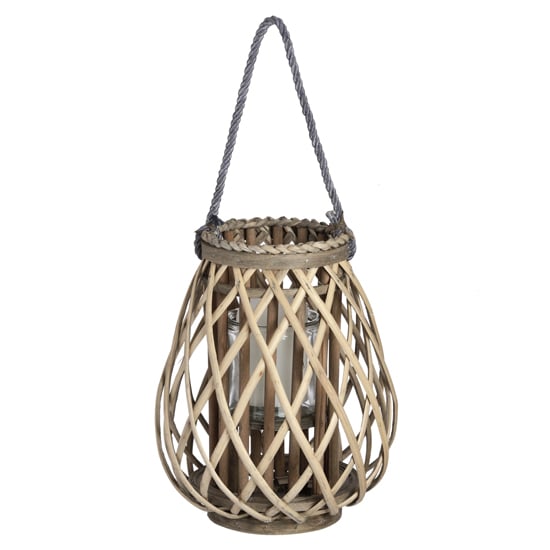 Product photograph of Cave Small Wicker Bulbous Lantern In Brown With Glass Hurricane from Furniture in Fashion