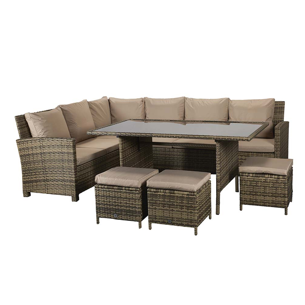 Caxias Glass Top Garden Corner Dining Set With 3 Ottomans In Brown