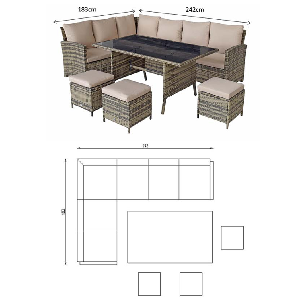 Caxias Glass Top Garden Corner Dining Set With 3 Ottomans In Brown