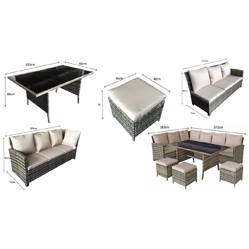 Caxias Glass Top Garden Corner Dining Set With 3 Ottomans In Brown