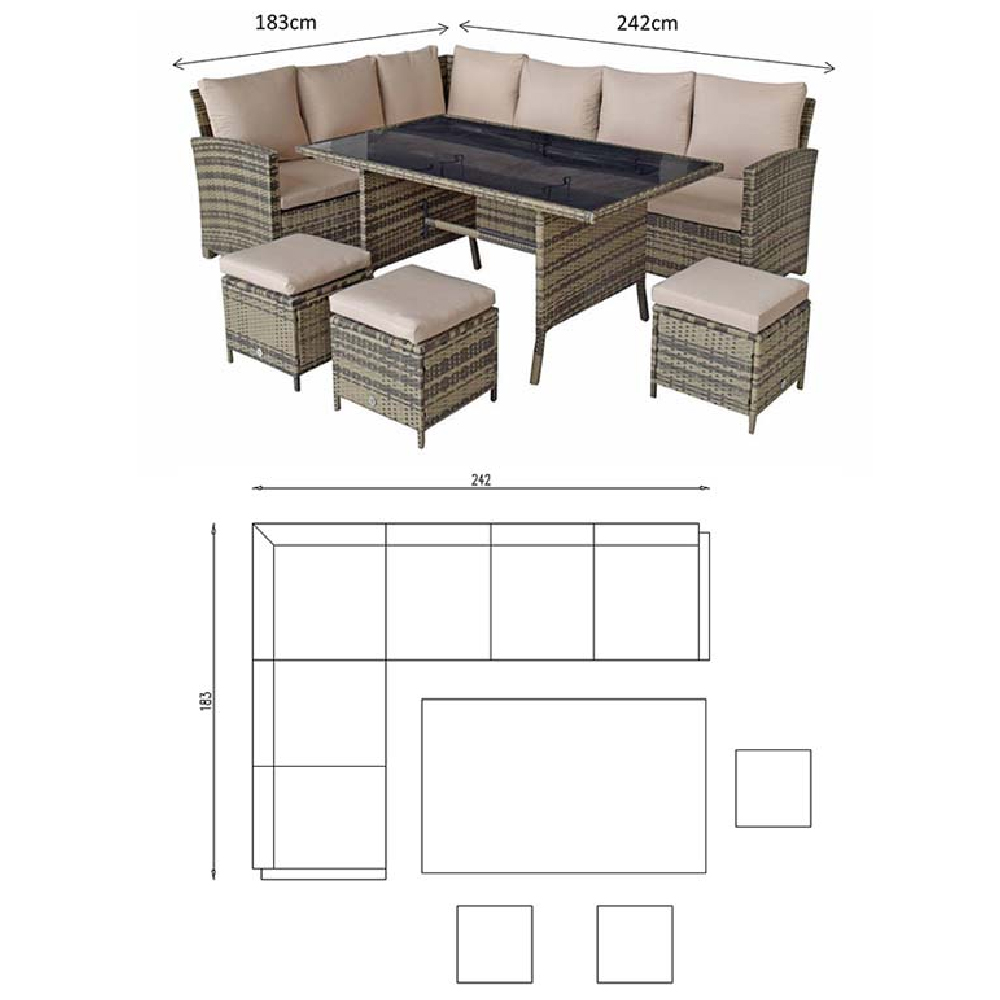 Caxias Glass Top Garden Corner Dining Set With 3 Ottomans In Brown