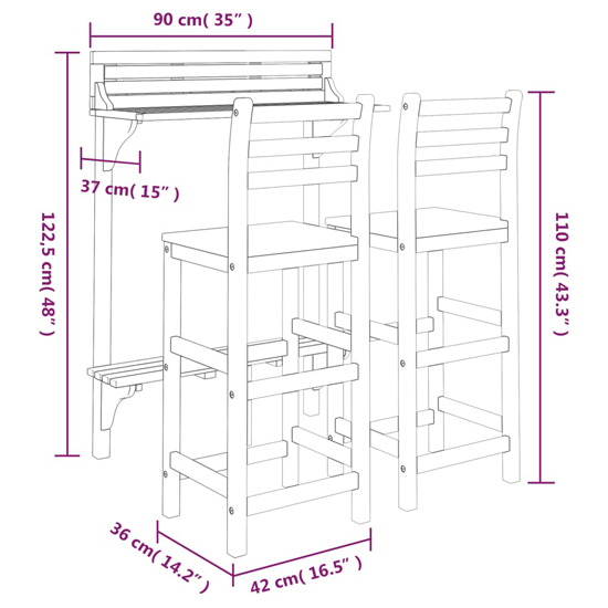 Cayla 3 Piece Balcony Bar Table And Bar Chairs With Backrest