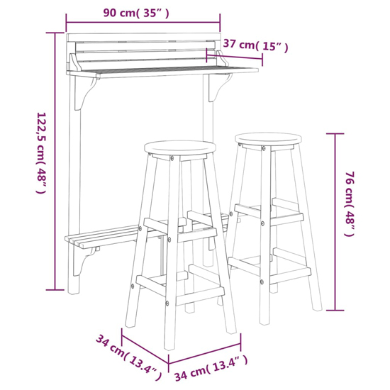 Cayla 3 Piece Balcony Bar Table And Bar Stools With Round Seat