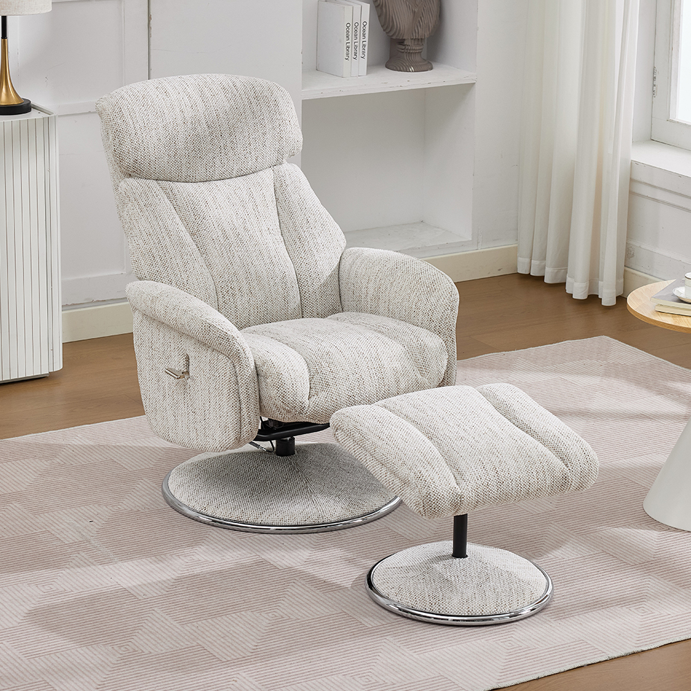 Cazira Fabric Swivel Recliner Chair with Footstool in Biscuit