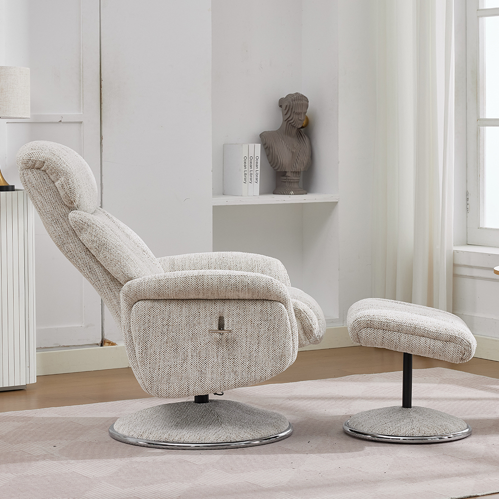 Cazira Fabric Swivel Recliner Chair with Footstool in Biscuit