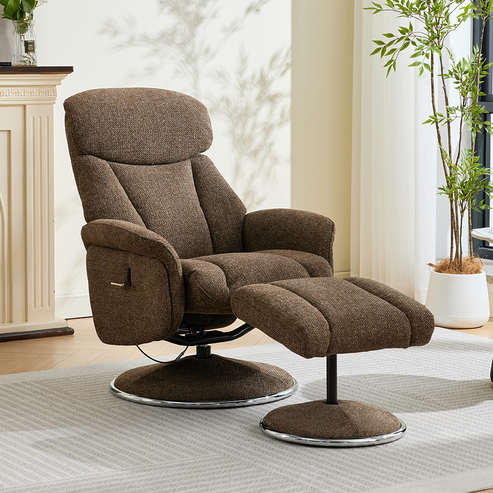 Cazira Fabric Swivel Recliner Chair with Footstool in Espresso