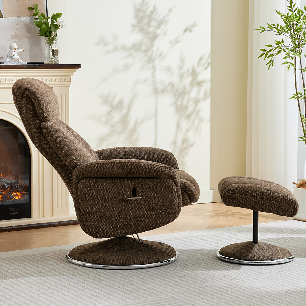 Cazira Fabric Swivel Recliner Chair with Footstool in Espresso
