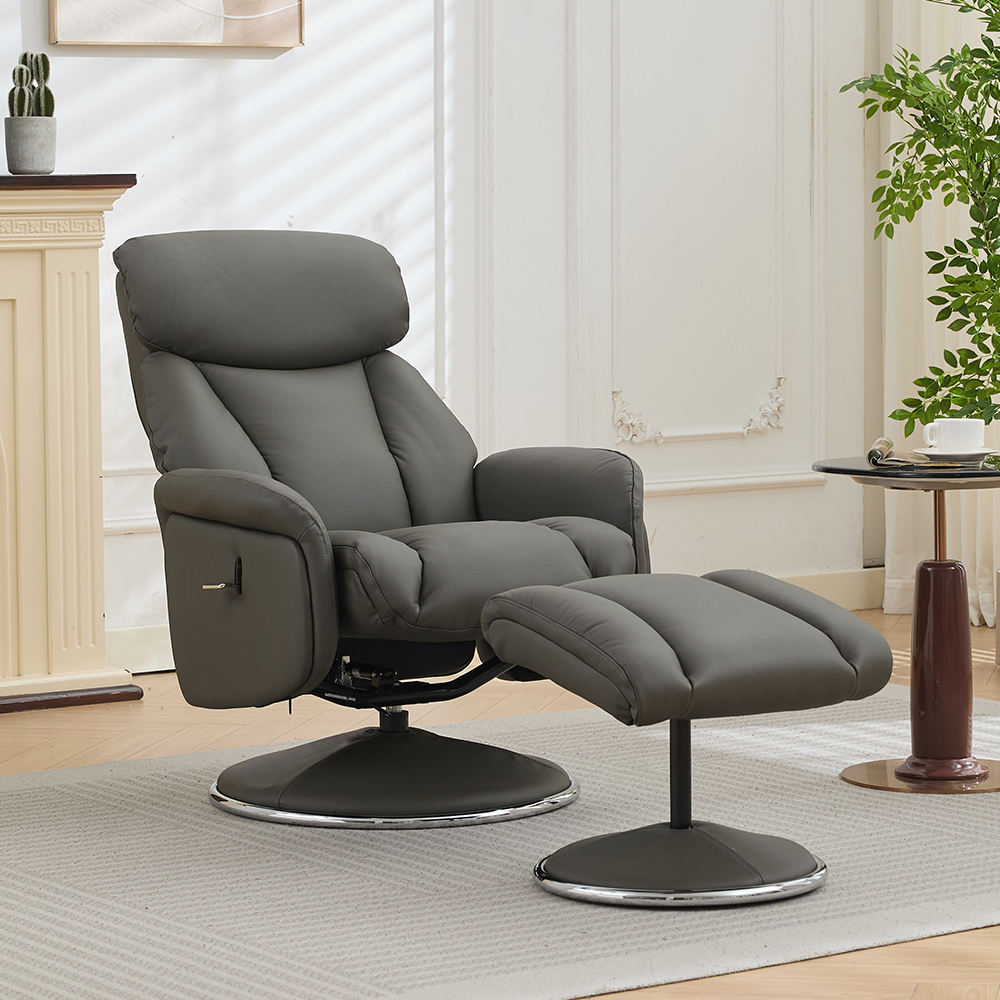 Cazira Full Leather Swivel Recliner Chair with Footstool in Cinder