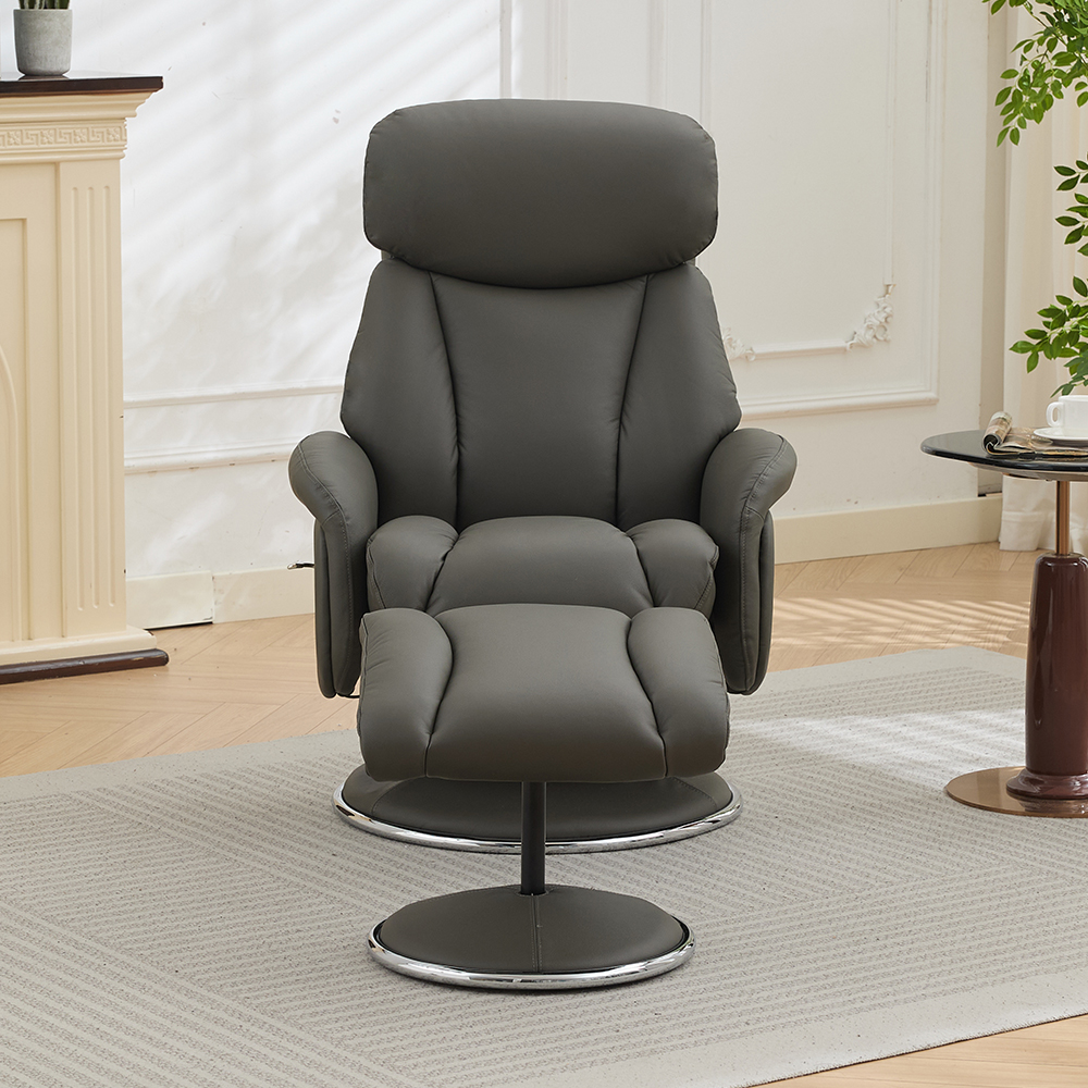 Cazira Full Leather Swivel Recliner Chair with Footstool in Cinder