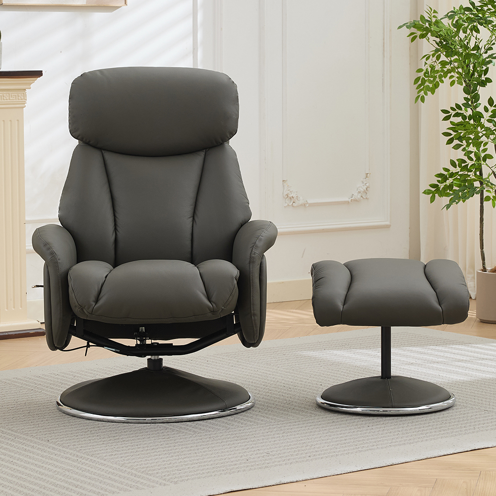 Cazira Full Leather Swivel Recliner Chair with Footstool in Cinder