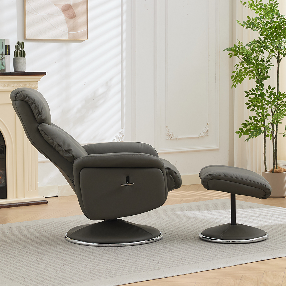 Cazira Full Leather Swivel Recliner Chair with Footstool in Cinder