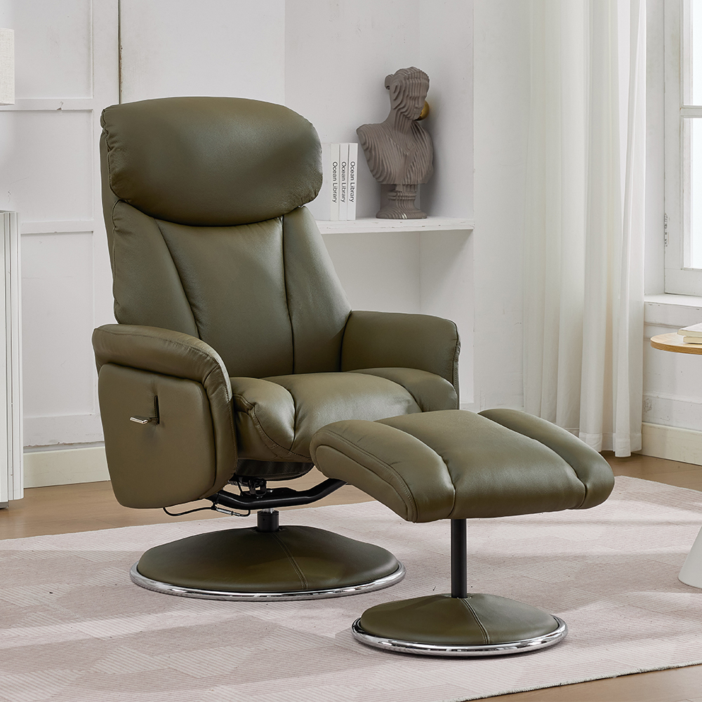 Cazira Full Leather Swivel Recliner Chair with Footstool in Olive Green