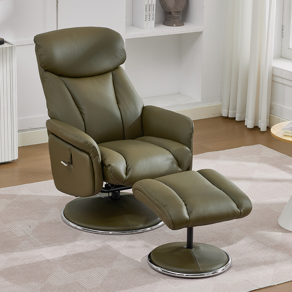 Cazira Full Leather Swivel Recliner Chair with Footstool in Olive Green