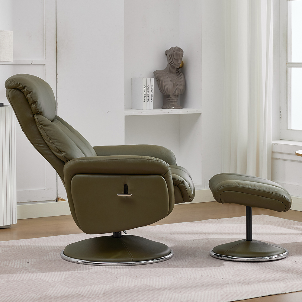 Cazira Full Leather Swivel Recliner Chair with Footstool in Olive Green