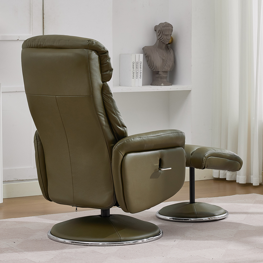Cazira Full Leather Swivel Recliner Chair with Footstool in Olive Green