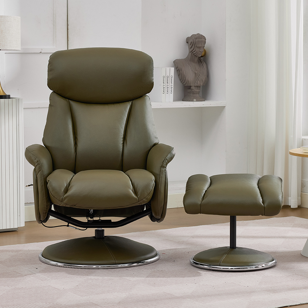 Cazira Full Leather Swivel Recliner Chair with Footstool in Olive Green