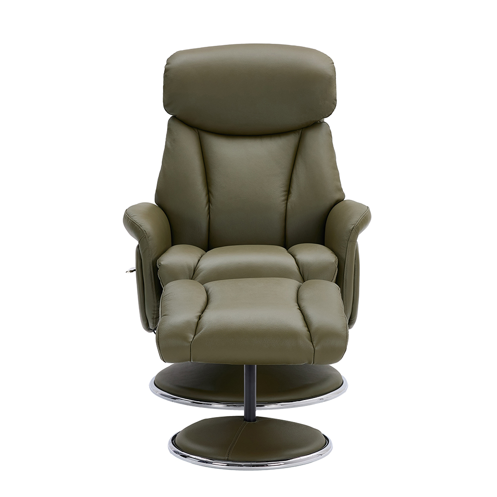 Cazira Full Leather Swivel Recliner Chair with Footstool in Olive Green