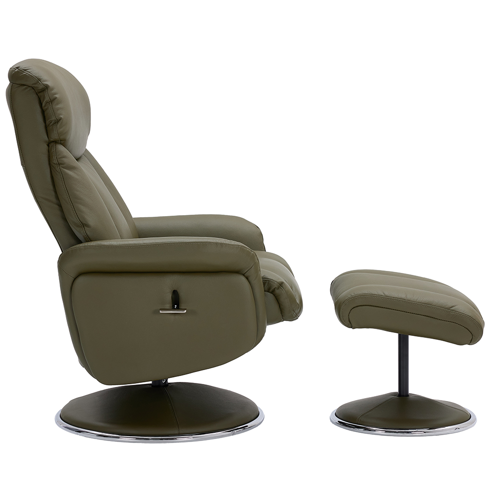 Cazira Full Leather Swivel Recliner Chair with Footstool in Olive Green