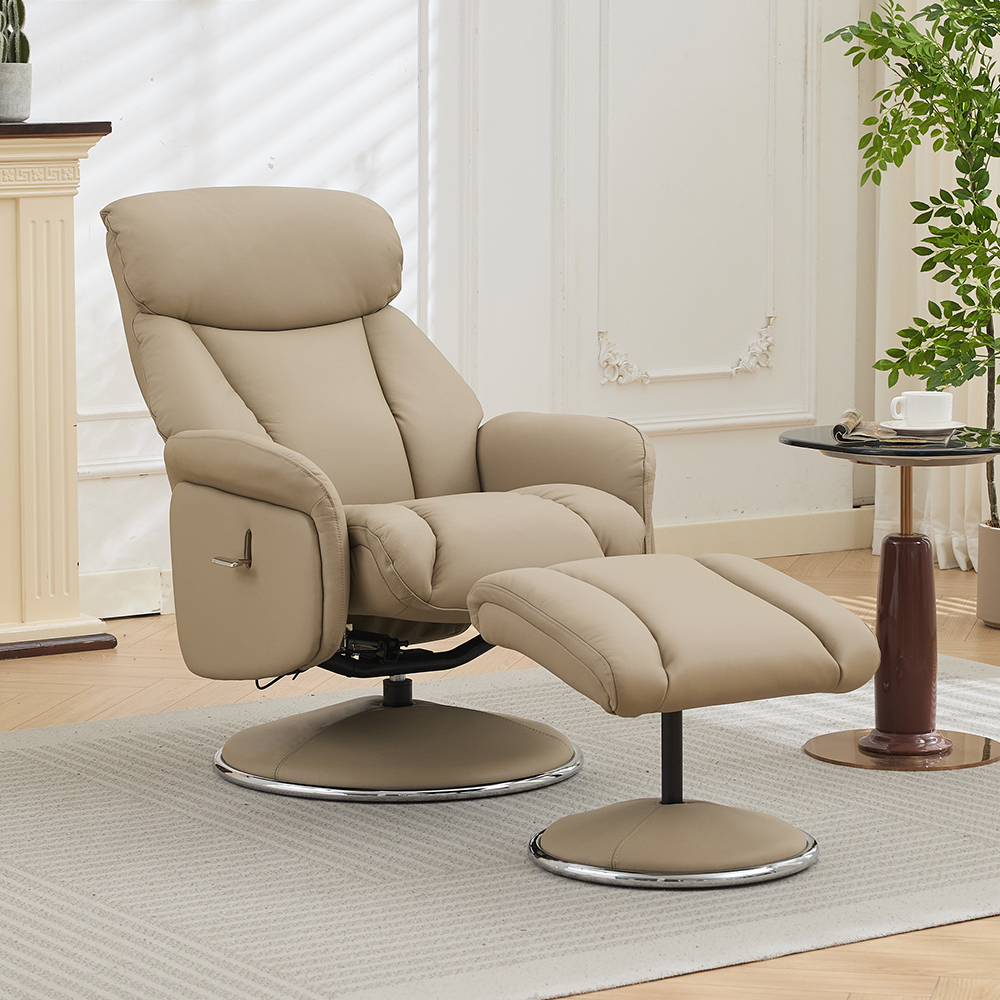 Cazira Full Leather Swivel Recliner Chair with Footstool in Pebble