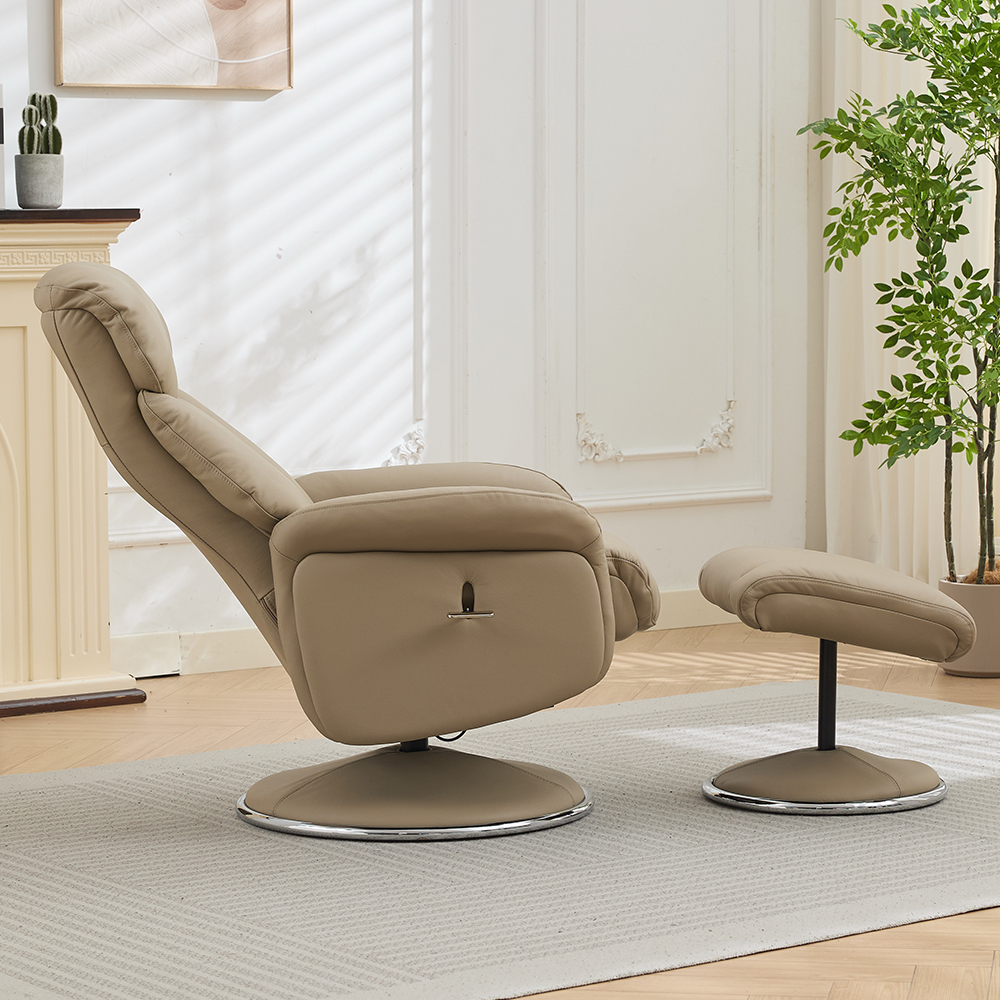 Cazira Full Leather Swivel Recliner Chair with Footstool in Pebble
