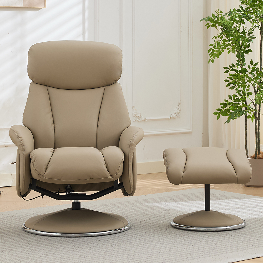 Cazira Full Leather Swivel Recliner Chair with Footstool in Pebble