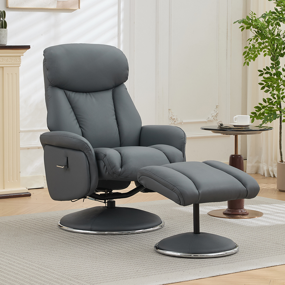 Cazira Full Leather Swivel Recliner Chair with Footstool in Petrol Blue
