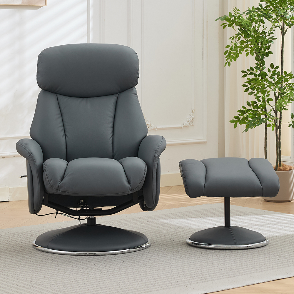 Cazira Full Leather Swivel Recliner Chair with Footstool in Petrol Blue