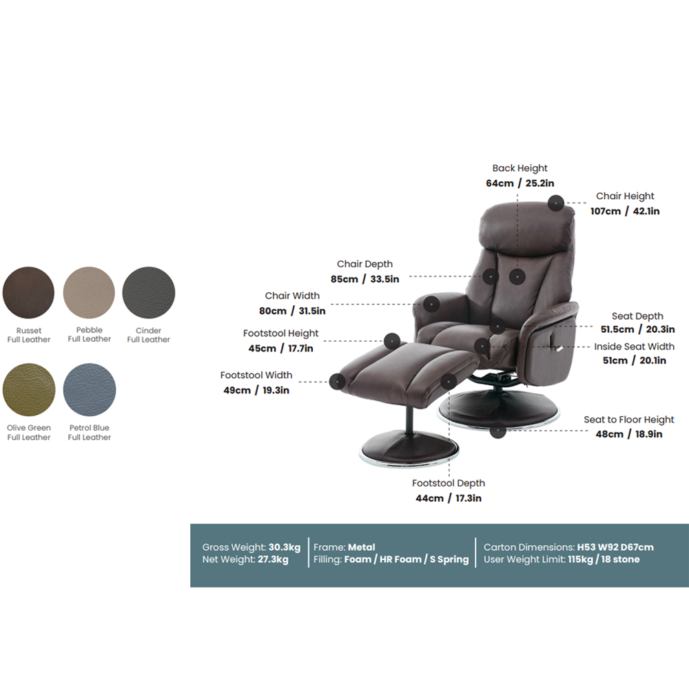 Cazira Full Leather Swivel Recliner Chair with Footstool in Russet