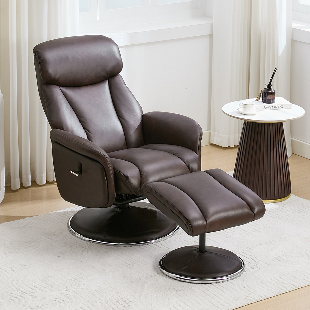 Cazira Full Leather Swivel Recliner Chair with Footstool in Russet