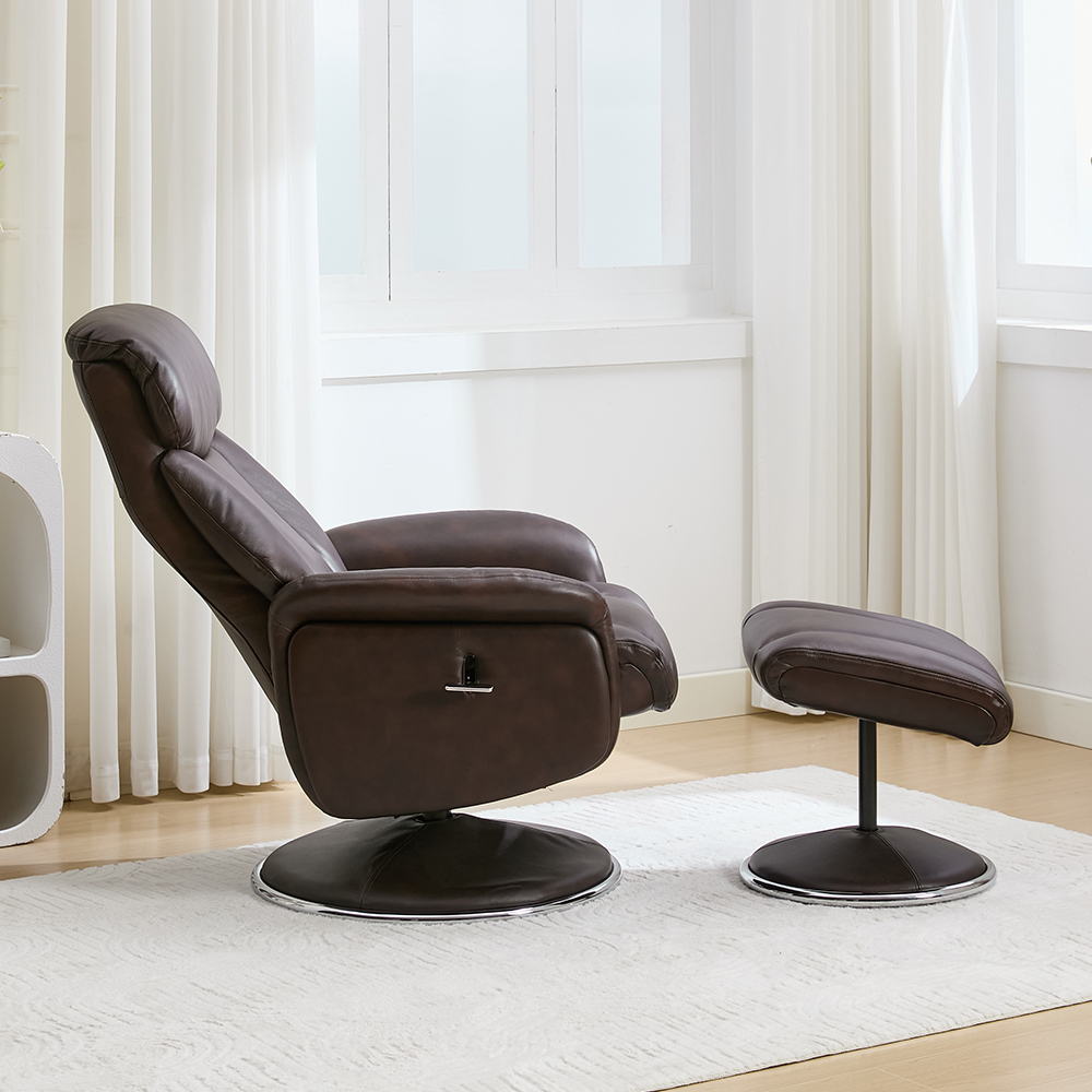 Cazira Full Leather Swivel Recliner Chair with Footstool in Russet