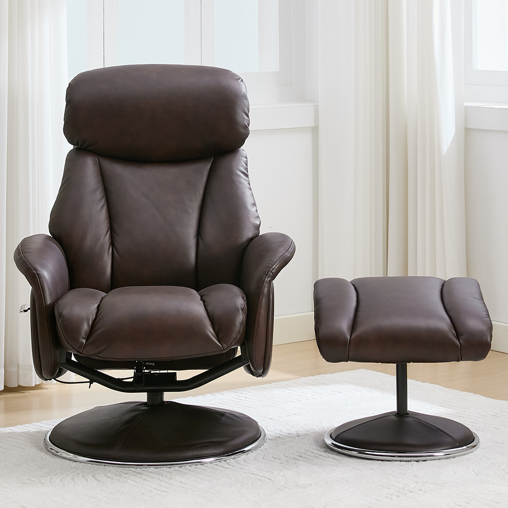 Cazira Full Leather Swivel Recliner Chair with Footstool in Russet