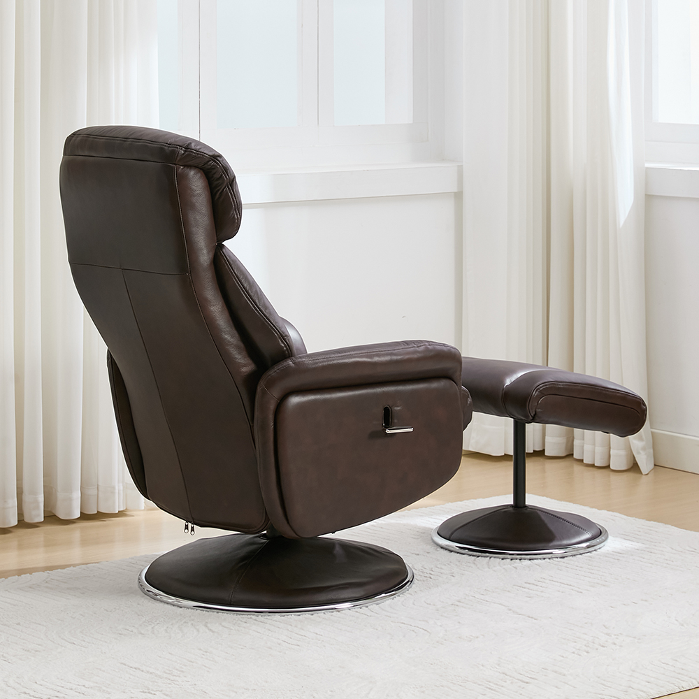 Cazira Full Leather Swivel Recliner Chair with Footstool in Russet