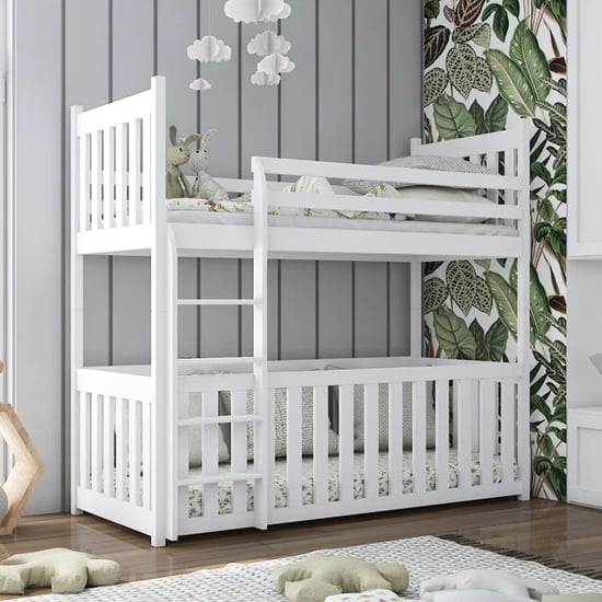 Photo of Cedar bunk bed with cot bed in matt white with foam mattresses