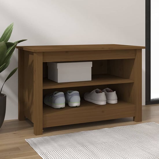 Product photograph of Cedric Solid Pinewood Shoe Storage Bench In Honey Brown from Furniture in Fashion