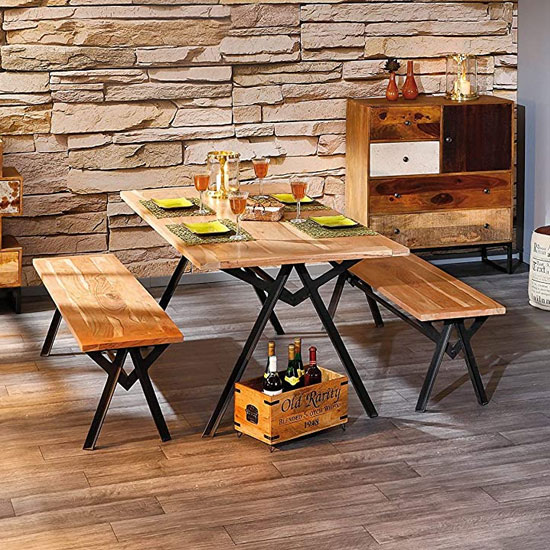 Celbridge Wooden Dining Bench In Acacia With Black Metal Base FiF