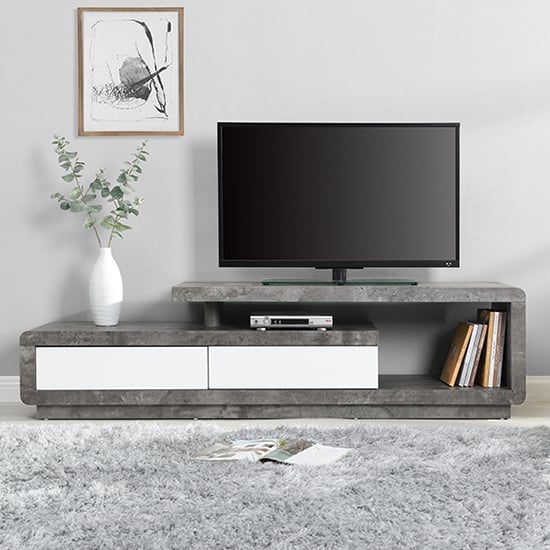 Celia High Gloss TV Stand In White And Concrete Effect_1