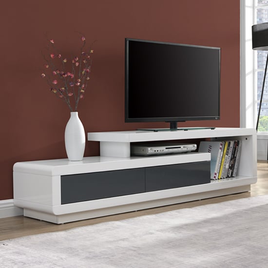 Celia High Gloss TV Stand With 2 Drawers In White And Grey_2
