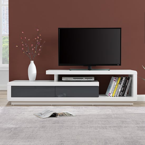 Photo of Celia high gloss tv stand with 2 drawers in white and grey