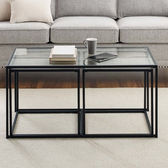 Celina Clear Glass Nesting Coffee Tables With Black Steel Frame