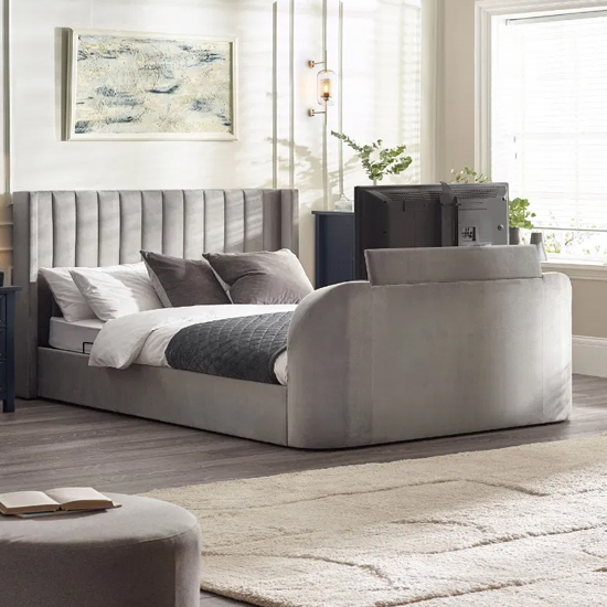 Read more about Celina fabric side lift ottoman double tv bed in light grey