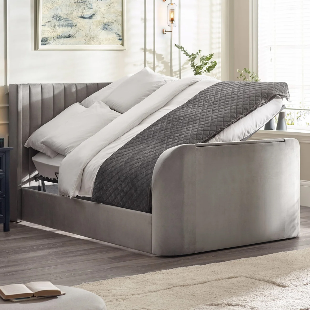 Celina Fabric Side Lift Ottoman Super King Size TV Bed - Light Grey