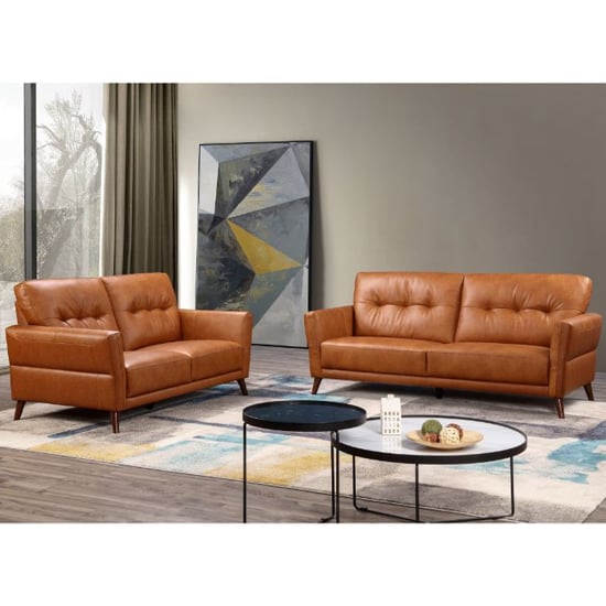 Photo of Celina leather 3+2 seater sofa set in tan with tapered legs