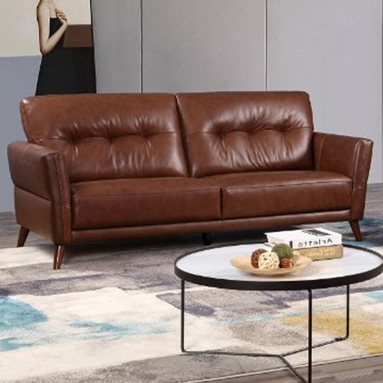 Product photograph of Celina Leather 3 Seater Sofa In Saddle With Tapered Legs from Furniture in Fashion