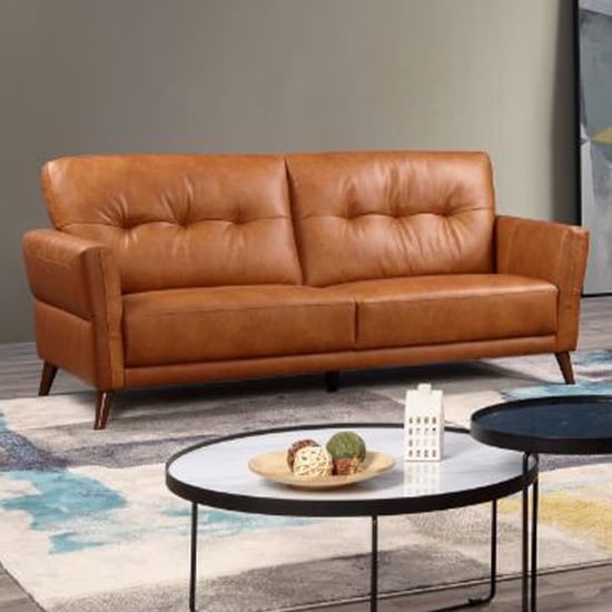 Product photograph of Celina Leather 3 Seater Sofa In Tan With Tapered Legs from Furniture in Fashion